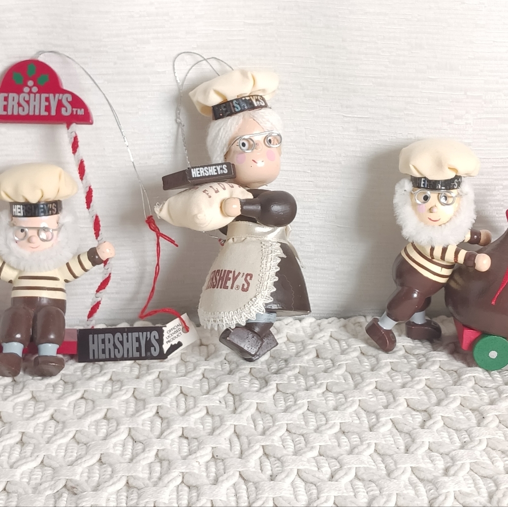Lot of 3 Vintage Kurt Adler Hershey's Chocolate Wooden Christmas Ornaments Kiss